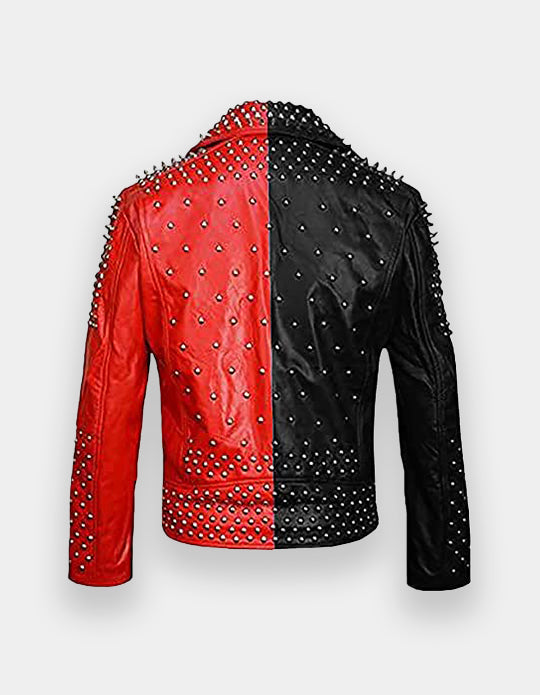 Men's Red & Black Full Studded Leather Jacket, Biker-Jacke mit Nieten